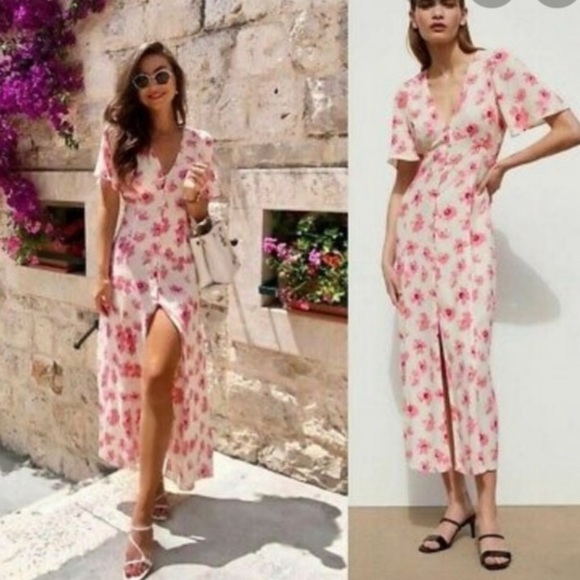 Zara Dresses & Skirts - Zara Ivory/Pink Floral Print Button Down Dress XS